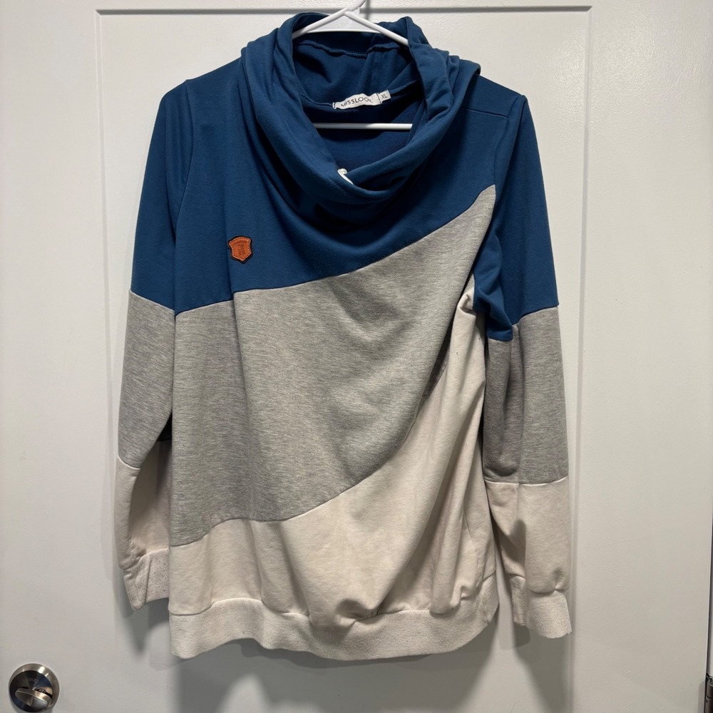 Misslook Womens Colorblock Cowl Neck Hoodie Blue Grey Cream XL 973824#